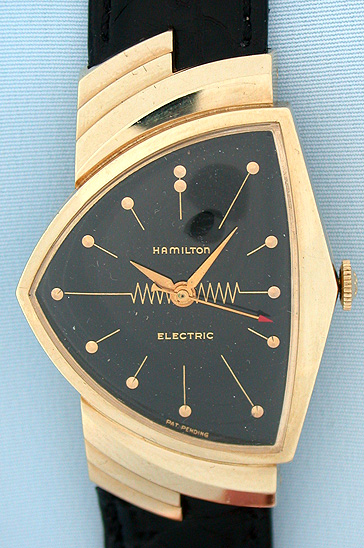 Золотые часы Hamilton Ventura с черным циферблатом. 1950-е – 1960-е гг.