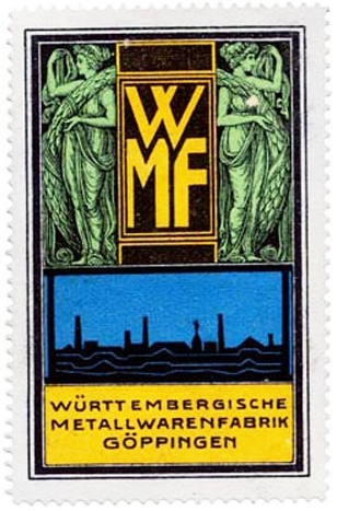 Четыре марки из серии, выпущенной 1905–1915 года по рекламным плакатам WMF, оформленным в стиле арт-нуво