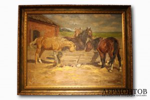 Картина. У конюшни. Неизвестный художник, 1900-е.