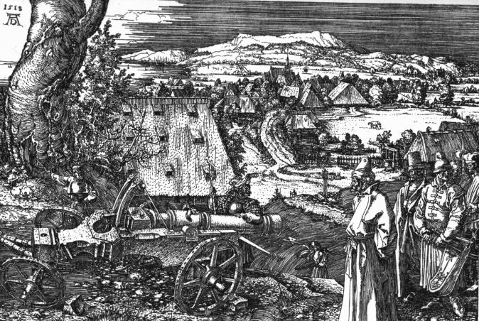 А. Дюрер. Гравюра «Пейзаж с пушкой». Офорт на меди. 1518 г.