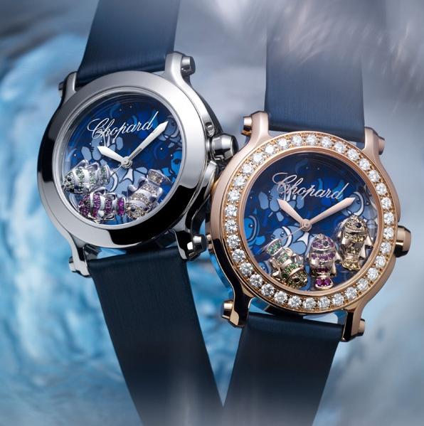 Часы из серии Happy Fish. Модель с золотым корпусом и бриллиантами (справа) и бюджетный стальной вариант (слева)