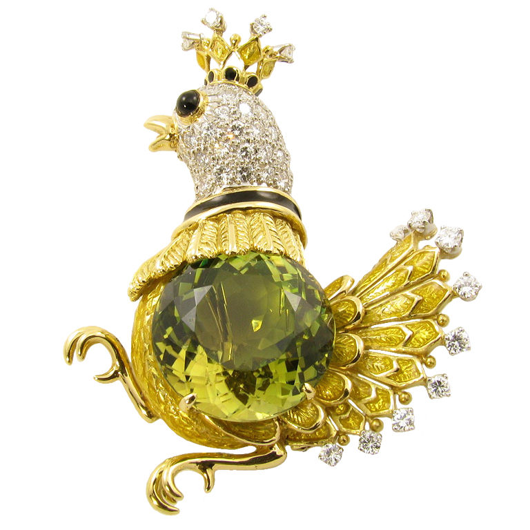 Золотая брошь «Птица» с цитрином, бриллиантами, черной эмалью