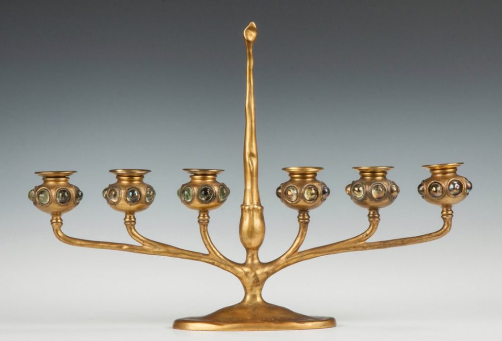 Tiffany Studios. Семирожковый подсвечник из золоченой бронзы