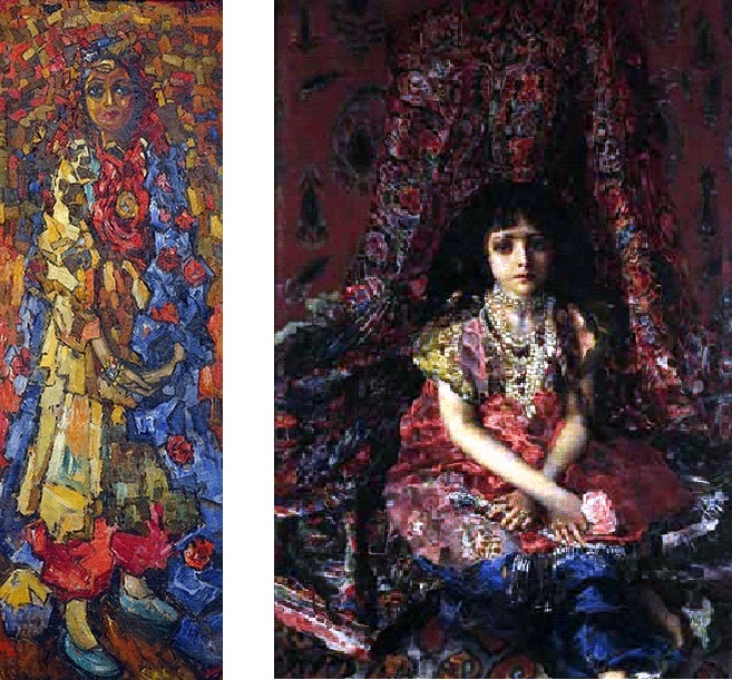 «Персиянка» А. Волкова (слева) и «Девочка на фоне персидского ковра» М. Врубеля (справа).