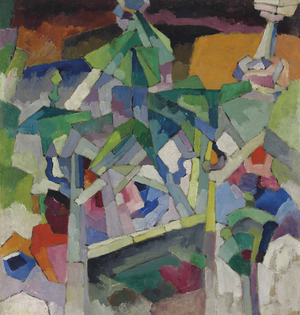 Картина А. Лентулова «Пейзаж с мостом, Кисловодск» в стиле оптимистического кубизма. 1913 г.