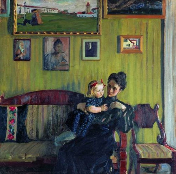 Б. Кустодиев. Портрет Ю. Кустодиевой с дочерью Ириной. 1908 г.