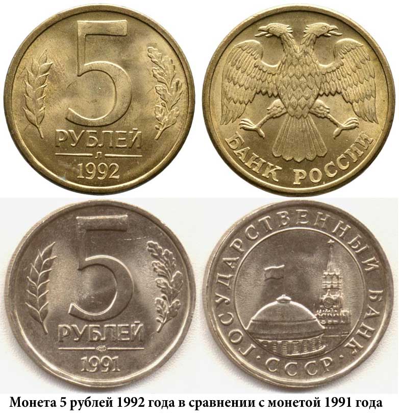 Монета 5 рублей 1992 года Банка России