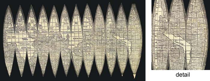 M. Waldseemüller. Карта мира в виде набора земных глобусов. 1507 г.