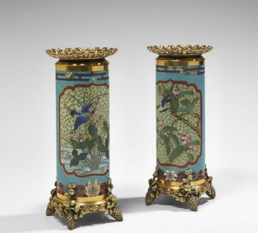 Эмиль Огюст Ребе для CHRISTOFLE. Две вазы в японском стиле. Перегородчатая эмаль, золоченая бронза