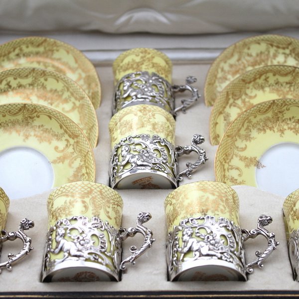 Кофейный сервиз Wedgwood & William Comyns. Фарфор и серебро 925 пробы. Англия