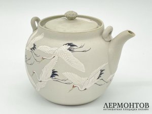 Чайник Журавли. Япония, мастерские Банко, 19 век. Фаянс, роспись.