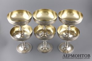 Комплект бокалов-креманок для шампанского. Серебро 950 пробы. Франция. 