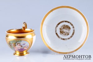 Чайная пара с мифологической сценой. Россия, СПБ, завод Батениных, 1812-1832г. Фарфор, роспись, золото.