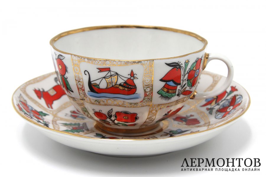 Чайная пара с росписью Русский лубок. СССР, ЛФЗ, А.В. Воробьевский, 1970-1980-е гг.