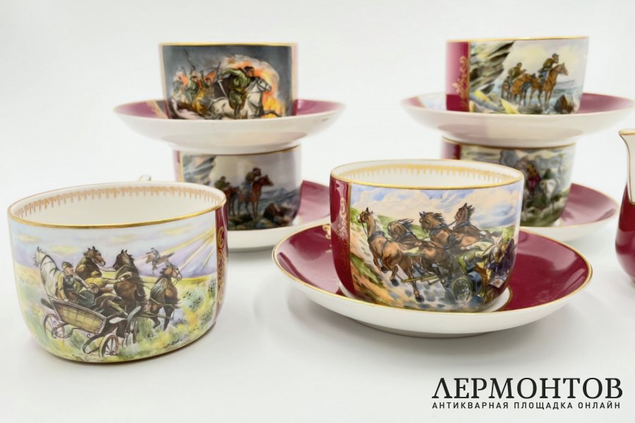 Агитационный чайный сервиз Оборонный. СССР, ДФЗ Вербилки, 1930-е гг. Фарфор.