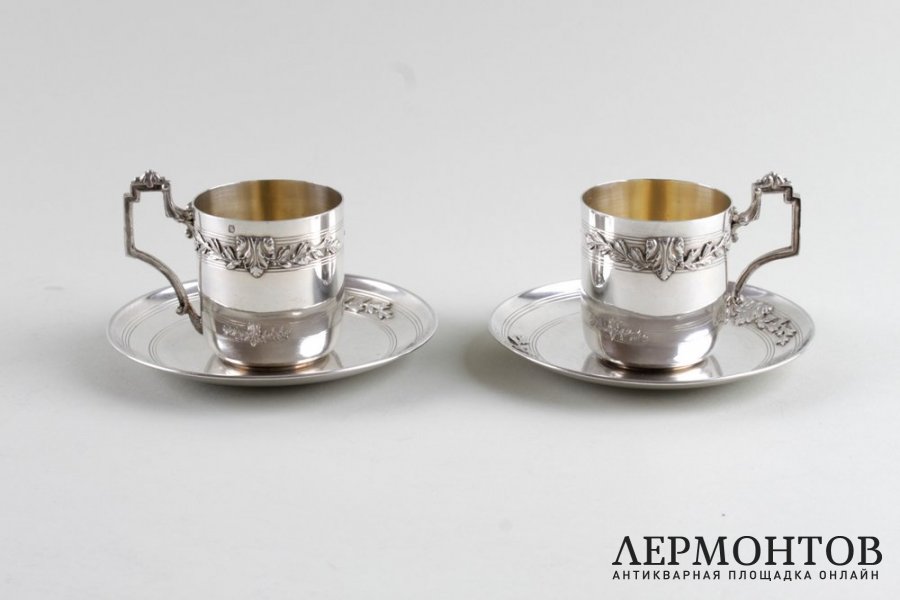 Две кофейные пары из серебра 950 пробы. Стиль ампир. Франция, XIX в.