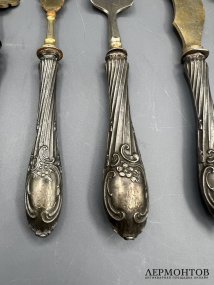 Сервировочный набор из 6 предметов. Серебро 84 пробы, сталь, Россия, 1908–1917 годы
