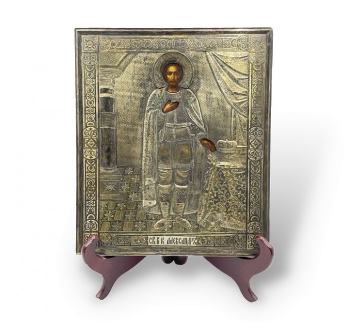Икона Александр Невский в серебряном окладе. Россия, Москва, 1895 год. Серебро 84 пр.