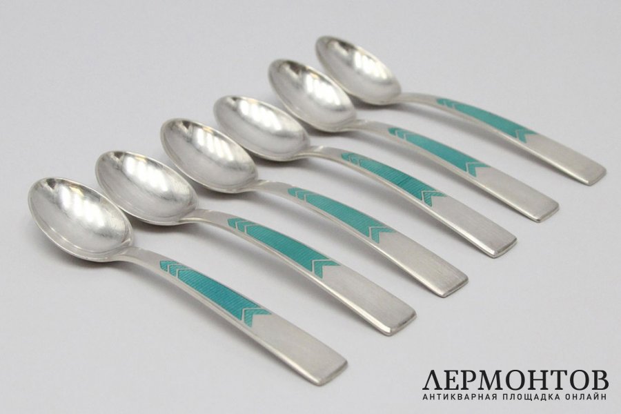 6 кофейных ложек. Серебро, эмаль. СССР, 1960-80е гг.