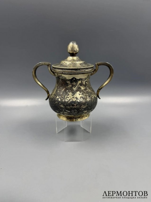 Сахарница в неорусском стиле. Серебро 84 пробы, чернь, Россия, 1878 год