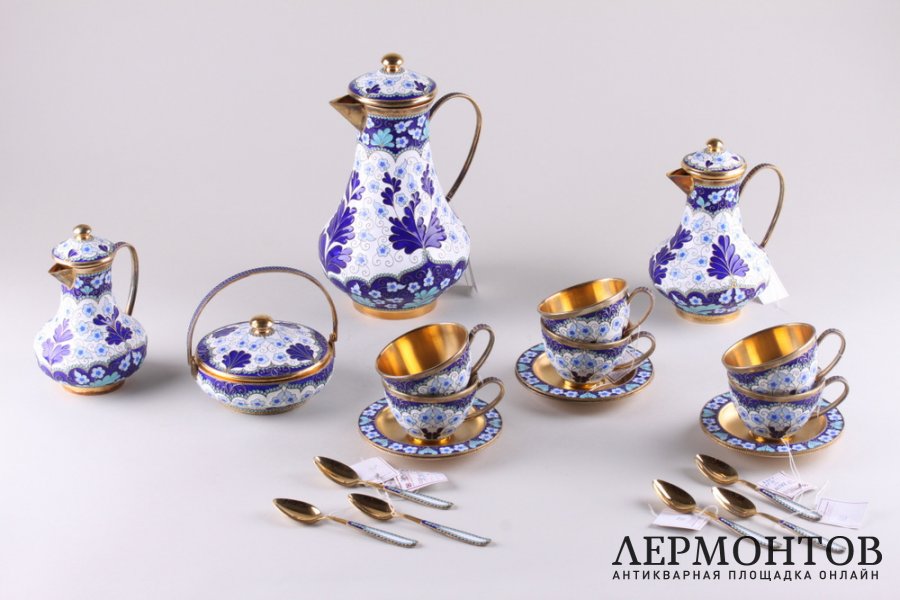 Сервиз на 6 персон. Серебро 925 пробы. Эмаль. Россия, 2007 г.