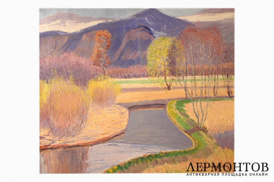 Картина. Горный пейзаж с речкой. Художник Julius Jungheim. Холст, масло.