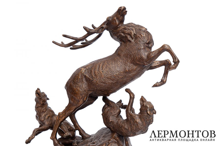 Скульптура Атака волков на оленя. Бронза. СССР, з-д Монументскульптура. 1958 г.