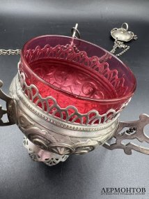 Подвесная лампада с малиновым стеклом. Металл, серебрение, братья Хеннеберг, Россия, 