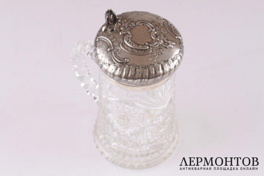 Кружка с откидной крышкой. Серебро 800, хрусталь. Европа