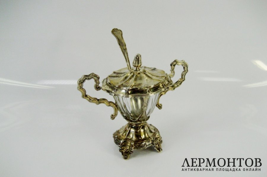 Емкость для горчицы. Серебро 950 пробы, стекло. Франция, XIX век.