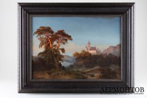Картина Пейзаж с охотниками. Западная Европа, художник C.V. Холст, масло.