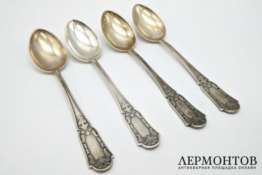 Четыре чайных ложки в стиле ар-деко. Серебро 875 пр. СССР, Таллин, 1960-80е гг.
