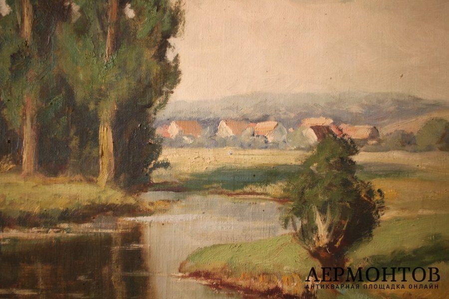 Картина. Берег в Дюссельдорфе. Художник Adolf Rheinert. Холст, масло.