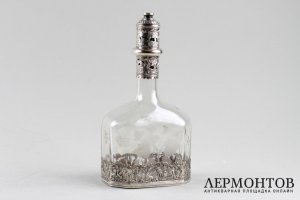 Графин с травлением по стеклу и пасторальными сценами. Стекло, серебро 925 пр. Англия