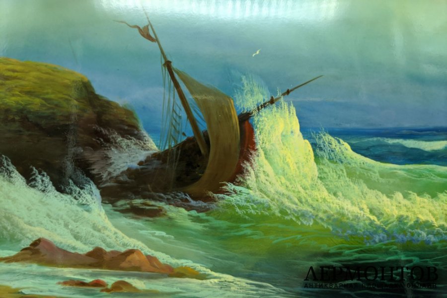 Панно Корабль в бушующем море. СССР, Федоскино, художник Обухов, 1977 г.