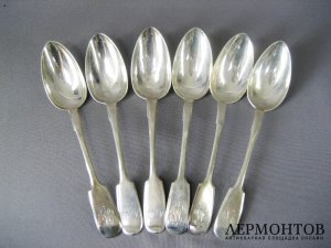 Комплект столовых ложек на шесть персон. Серебро 84 пробы, Россия, 1988 год.