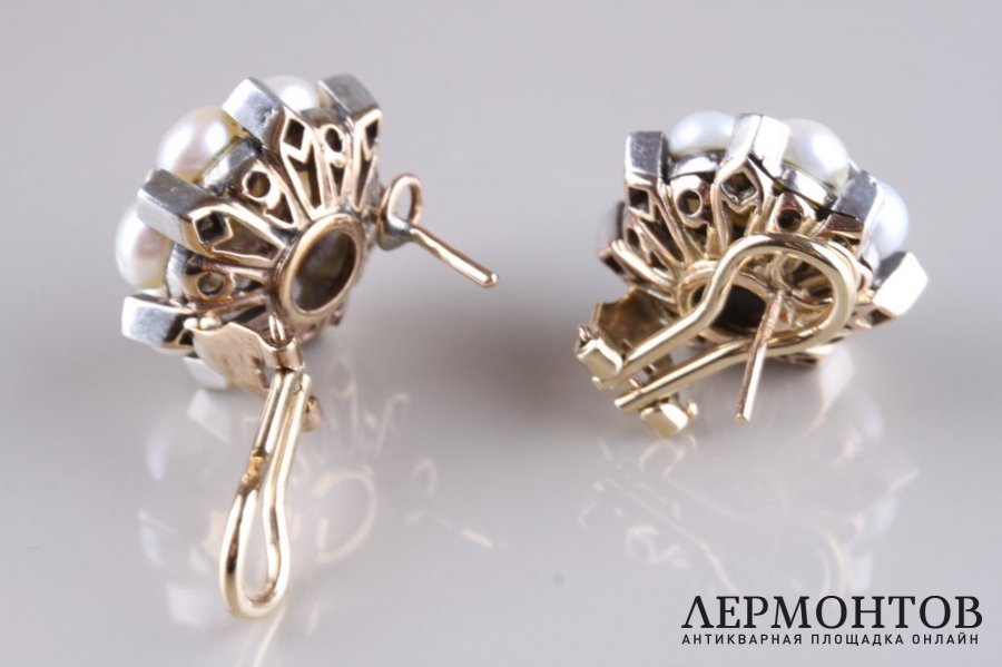 Сережки Малинки. Италия, сер. 20 в. Золото 585 пробы, жемчуг, алмазы.
