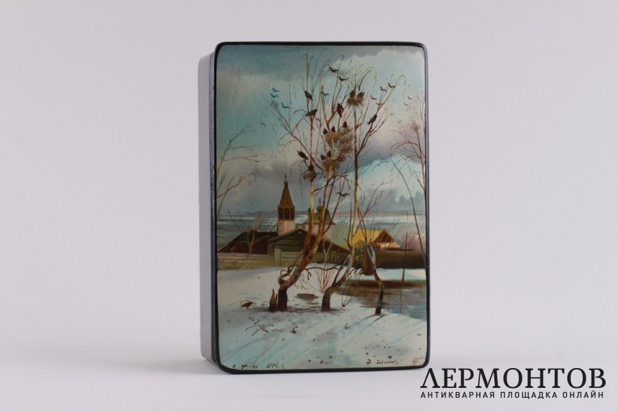 Шкатулка с лаковой миниатюрой Грачи прилетели. СССР, Федоскино, 1960-е гг. Папье-маше