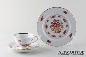 Чайная тройка Розы. Фарфор, деколь, золочение. Германия, фирма Шуманн, 1960е-70е гг
