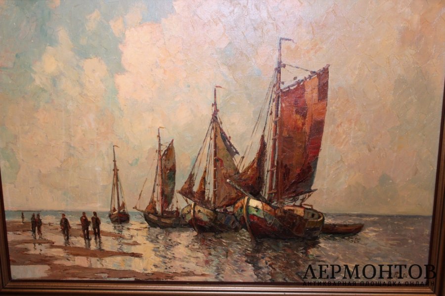 Картина. На пристани. Рудольф Прибе. Холст, масло.  Германия