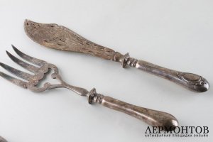 Набор для сервировки рыбы и мяса. Серебро 950 пр., кость. Франция, конец XIX века