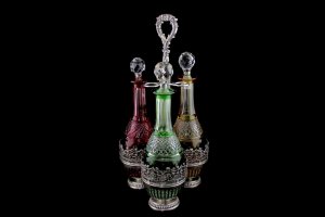 Редкий набор графинов на подставке. Серебро 800 пробы, хрусталь. Германия