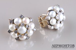 Сережки Малинки. Италия, сер. 20 в. Золото 585 пробы, жемчуг, алмазы.