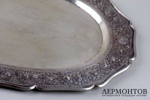 Поднос в стиле ар деко с восточным мотивом. Серебро 900 пробы. Камбоджа, нач. XX в.