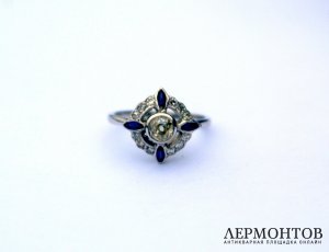 Золотое кольцо с сапфирами и бриллиантами, 750 проба
