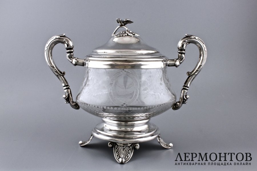 Сахарница в оправе. Серебро 950 пробы, стекло. Франция, XIX в.