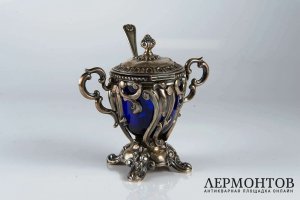 Горчичница. Серебро 950, кобальтовое стекло. Франция, XIX век.