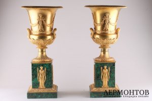 Парные вазы в ампирном стиле. Бронза, малахит. Европа, конец 19 века.