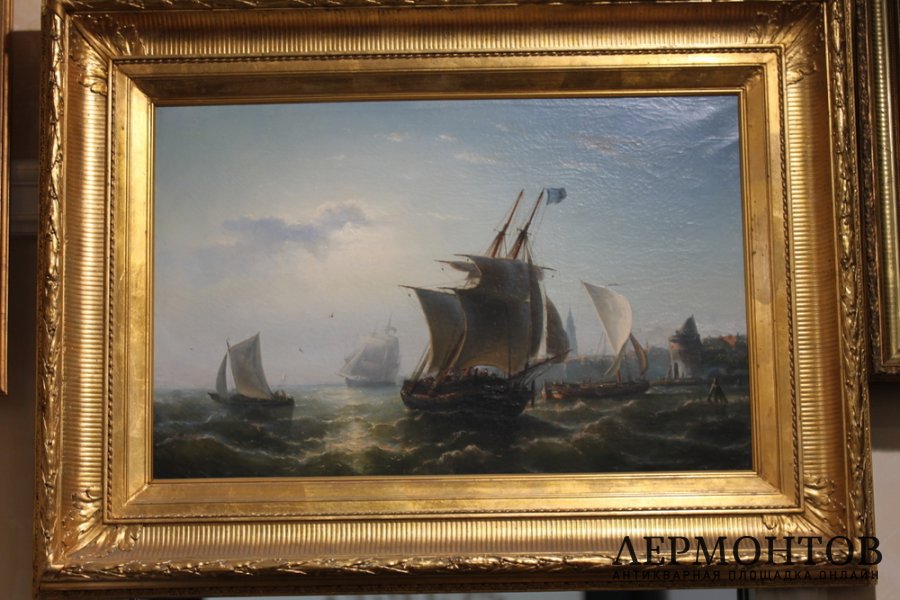 Картина Корабли в море. Голландия, художник Nicolaas Riegen Amsterdam 1827 - 1889, 19 в. Холст, масло.