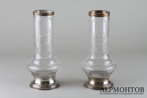 Вазы цветочные парные. Серебро 950 пробы, стекло. Франция, конец 19 в.